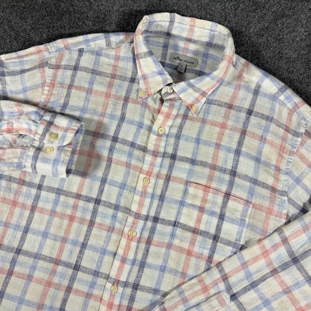 Peter Millar Silver Sands Linen Sport Shirt Men's L Plaid Button Down 100% Linen